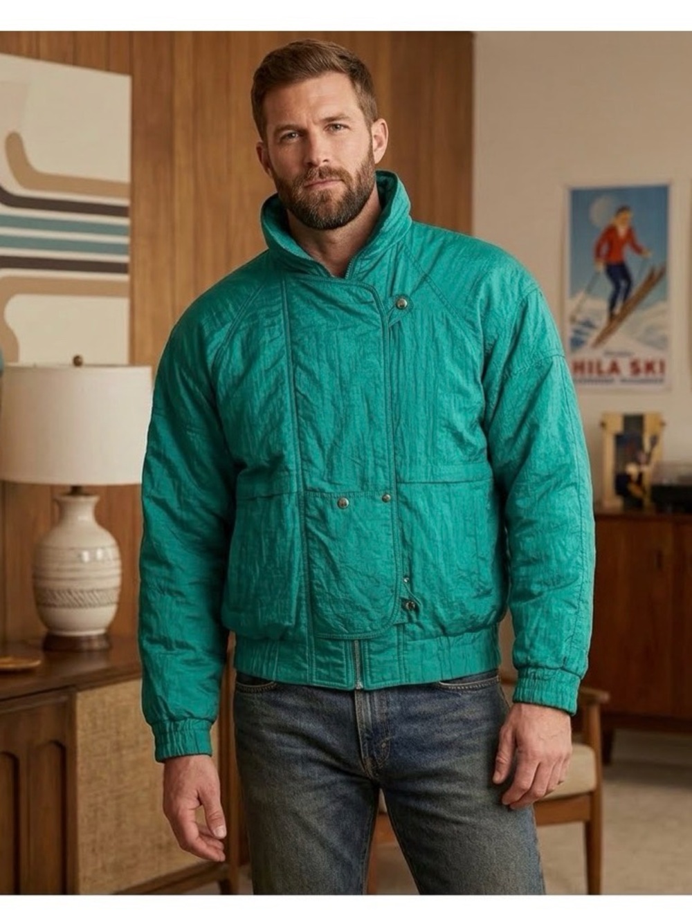 Andy Johns Turquoise Light Puffy Windbreaker Winter Snow Ski 80's Men's sz S